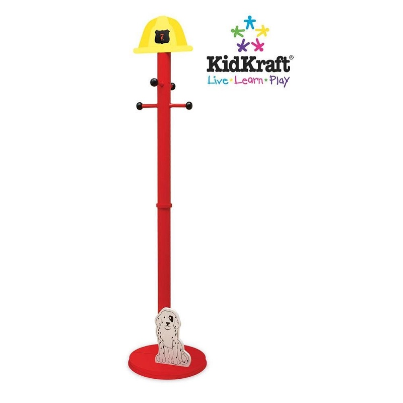 KidKraft Firetruck Clothes Pole with fireman's helmet on top and dalmatian puppy at the base. Made From Wood.